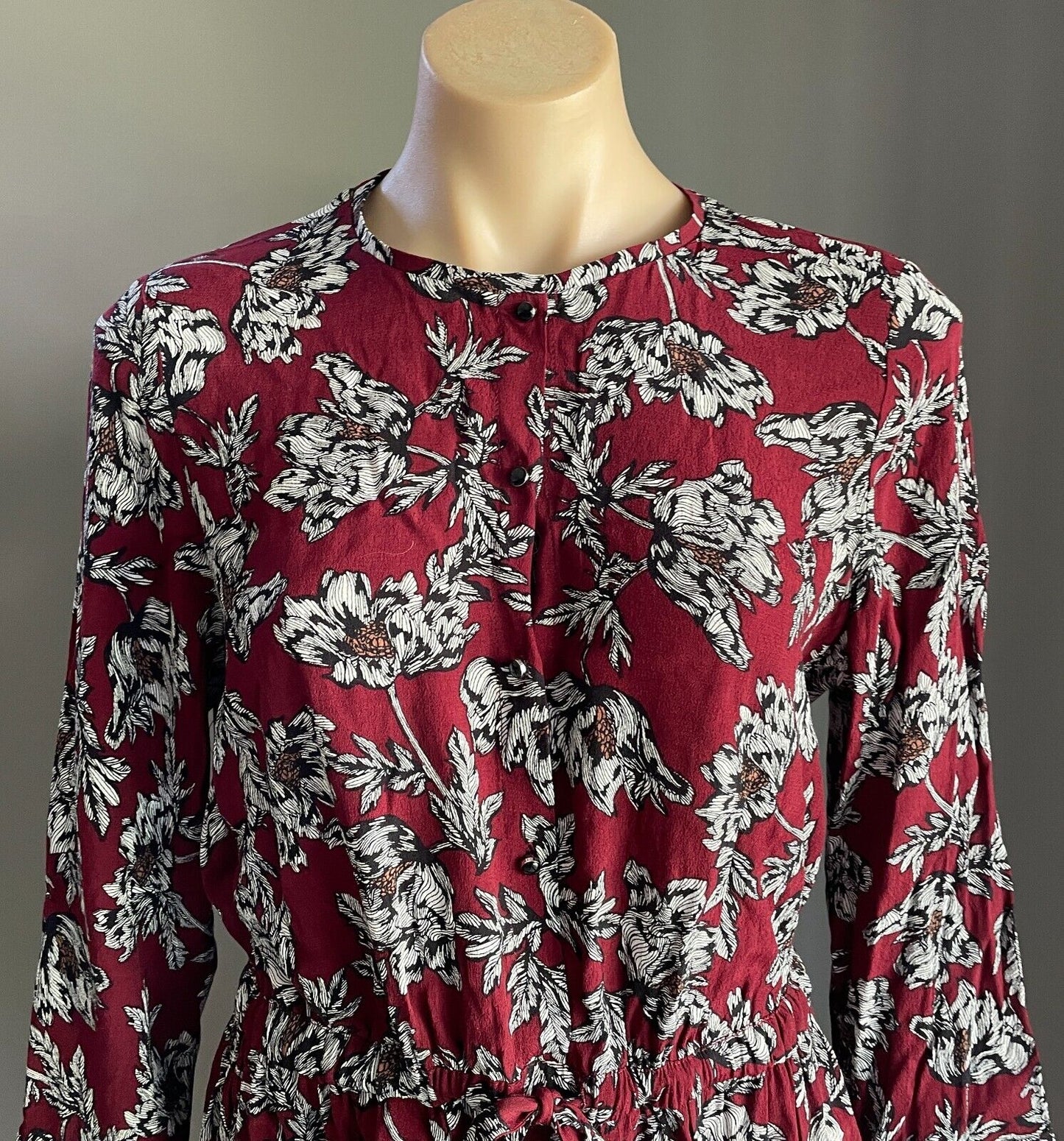 DIANA FERRARI Sheath Dress Burgundy Black White Floral Print 3/4 Sleeve Size 12