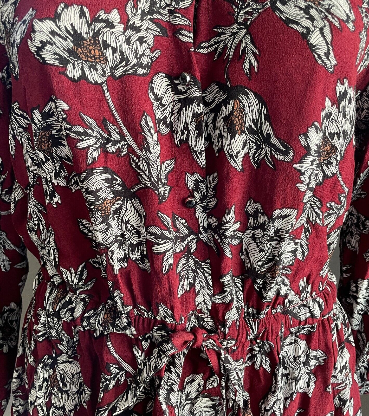 DIANA FERRARI Sheath Dress Burgundy Black White Floral Print 3/4 Sleeve Size 12