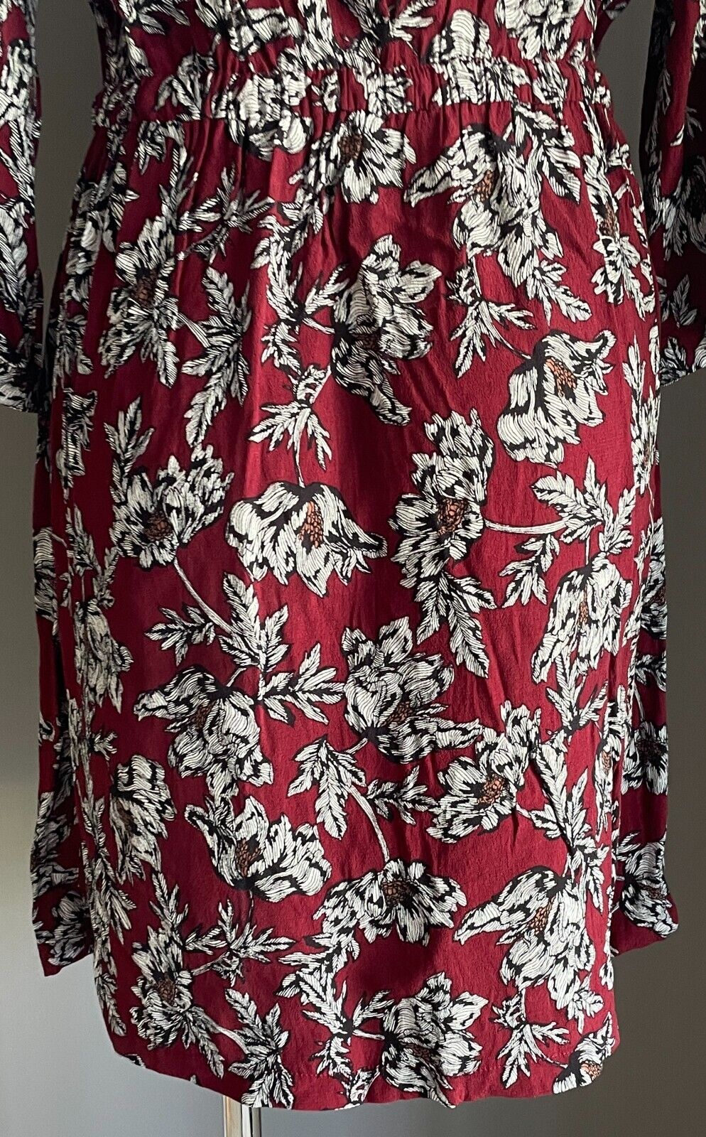 DIANA FERRARI Sheath Dress Burgundy Black White Floral Print 3/4 Sleeve Size 12