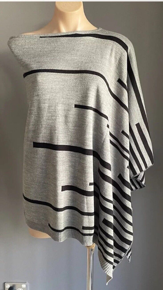 W.LANE Knit Poncho Grey & Black Stripe Diagonal Shoulder Wrap One Size 8 12