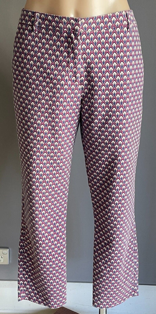 SPORTSGIRL Pants  Slim Fit Dark Fuchsia Blue Taupe Cream Print Sz 12 Crop Length