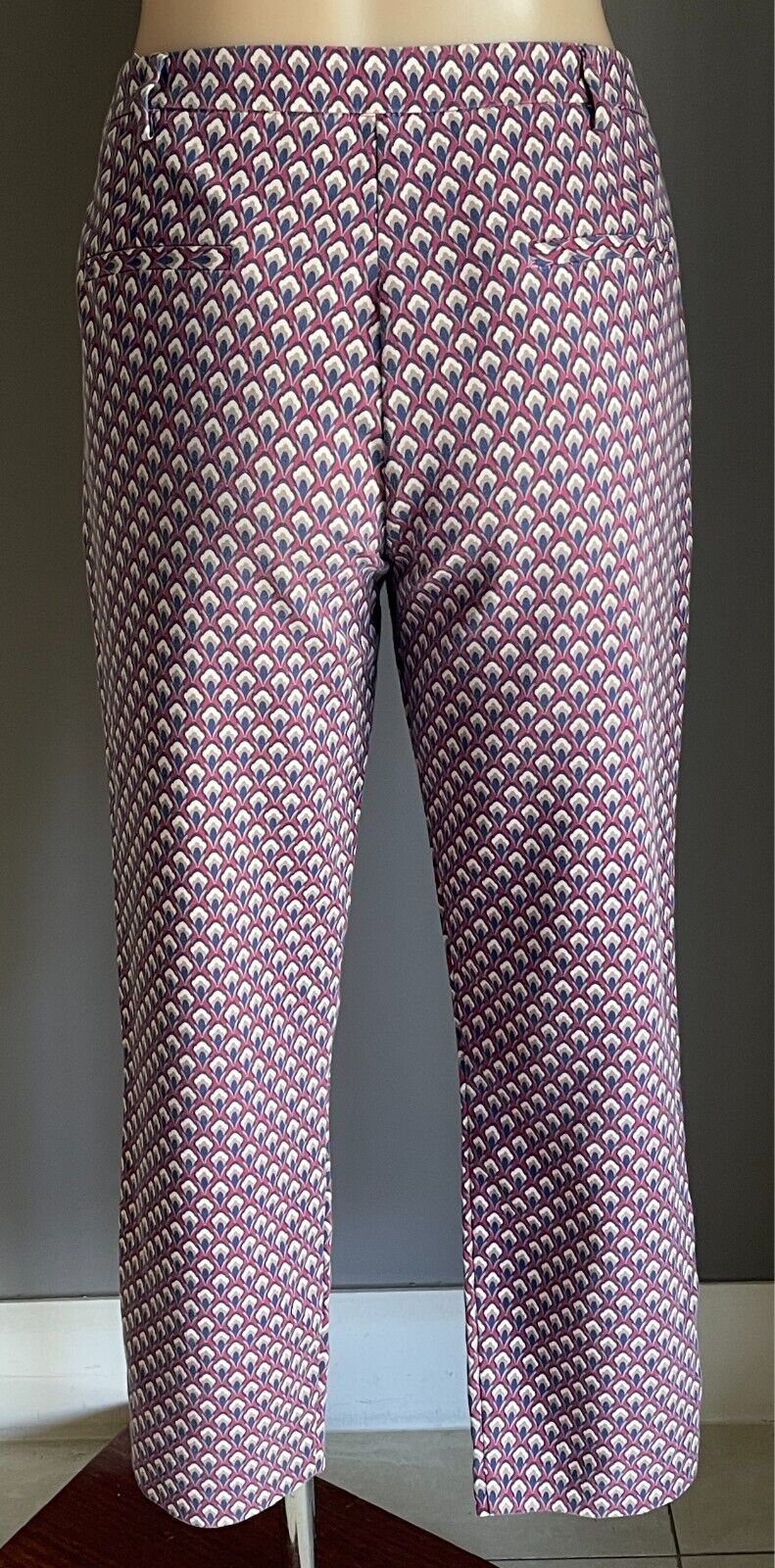 SPORTSGIRL Pants  Slim Fit Dark Fuchsia Blue Taupe Cream Print Sz 12 Crop Length