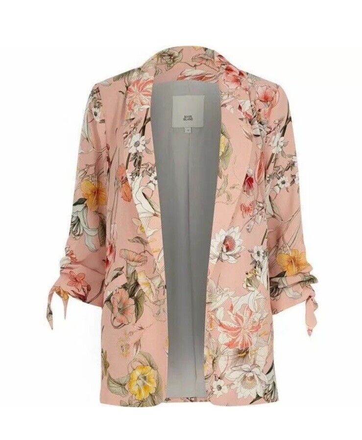 RIVER ISLAND Jacket Floral Blush Pink Ruched Tie Sleeve Blazer Ladies Size 8 10