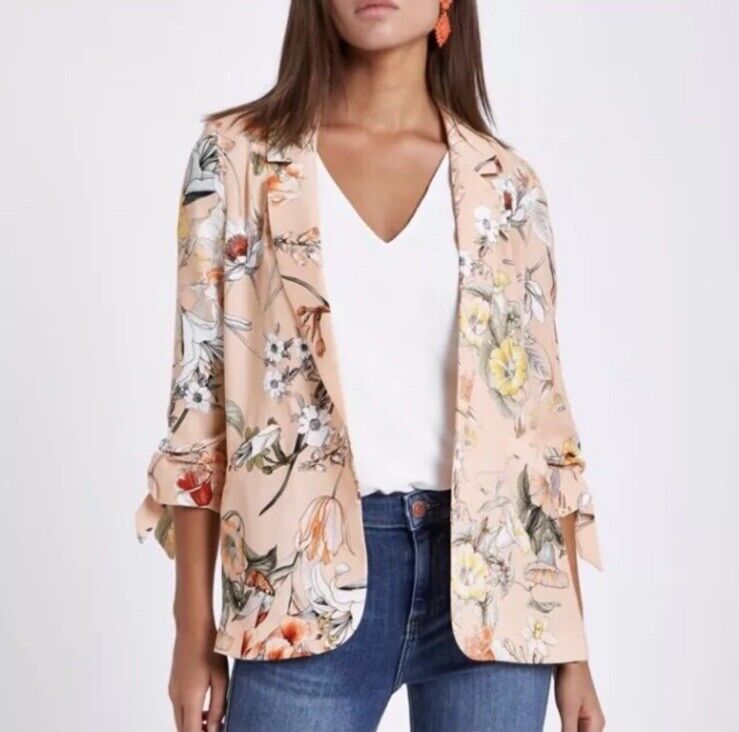 RIVER ISLAND Jacket Floral Blush Pink Ruched Tie Sleeve Blazer Ladies Size 8 10