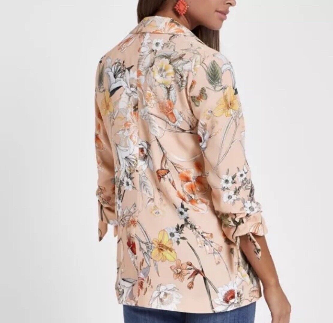 RIVER ISLAND Jacket Floral Blush Pink Ruched Tie Sleeve Blazer Ladies Size 8 10