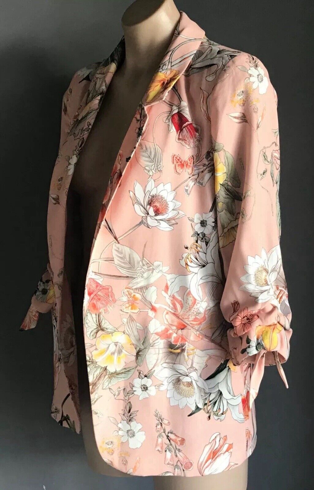 RIVER ISLAND Jacket Floral Blush Pink Ruched Tie Sleeve Blazer Ladies Size 8 10