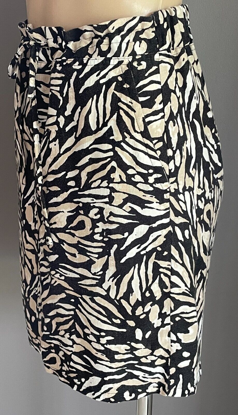 SUZANNE GRAE LINEN Black White Beige Straight Skirt Size XS 10 1Elastic Waist