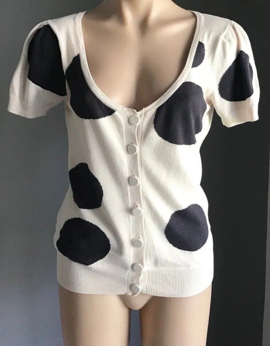 WITCHERY Cardigan Short Sleeve Off White Black Lg Polka Dot Fine Knit Top Sz 12