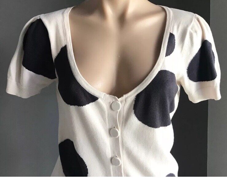 WITCHERY Cardigan Short Sleeve Off White Black Lg Polka Dot Fine Knit Top Sz 12