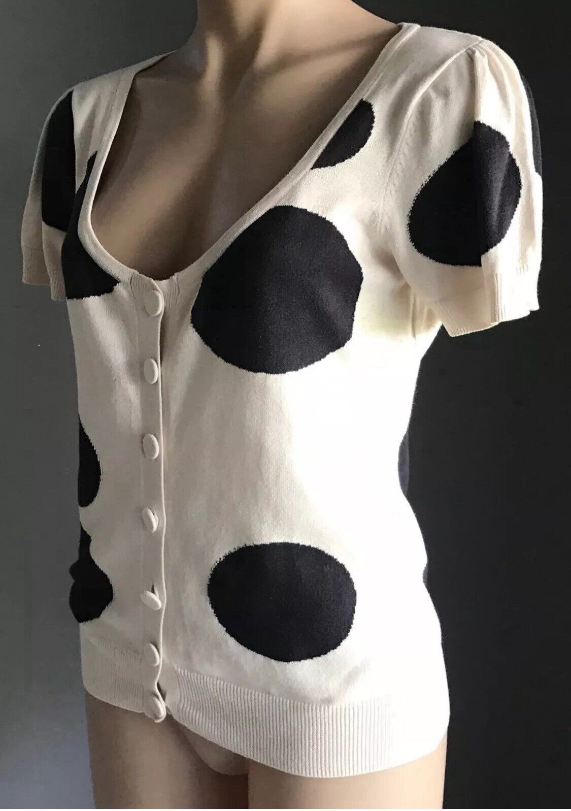 WITCHERY Cardigan Short Sleeve Off White Black Lg Polka Dot Fine Knit Top Sz 12