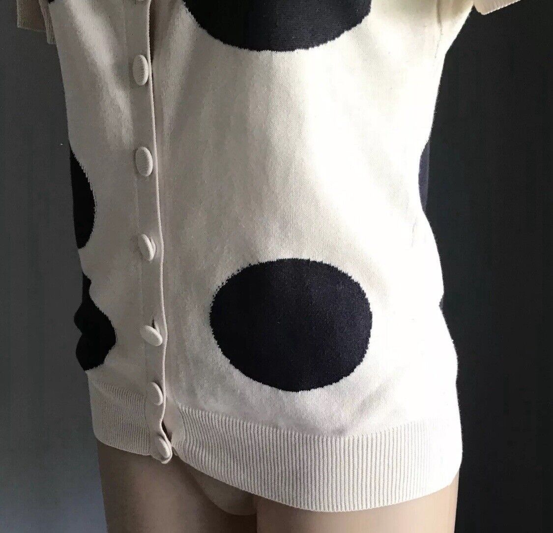 WITCHERY Cardigan Short Sleeve Off White Black Lg Polka Dot Fine Knit Top Sz 12