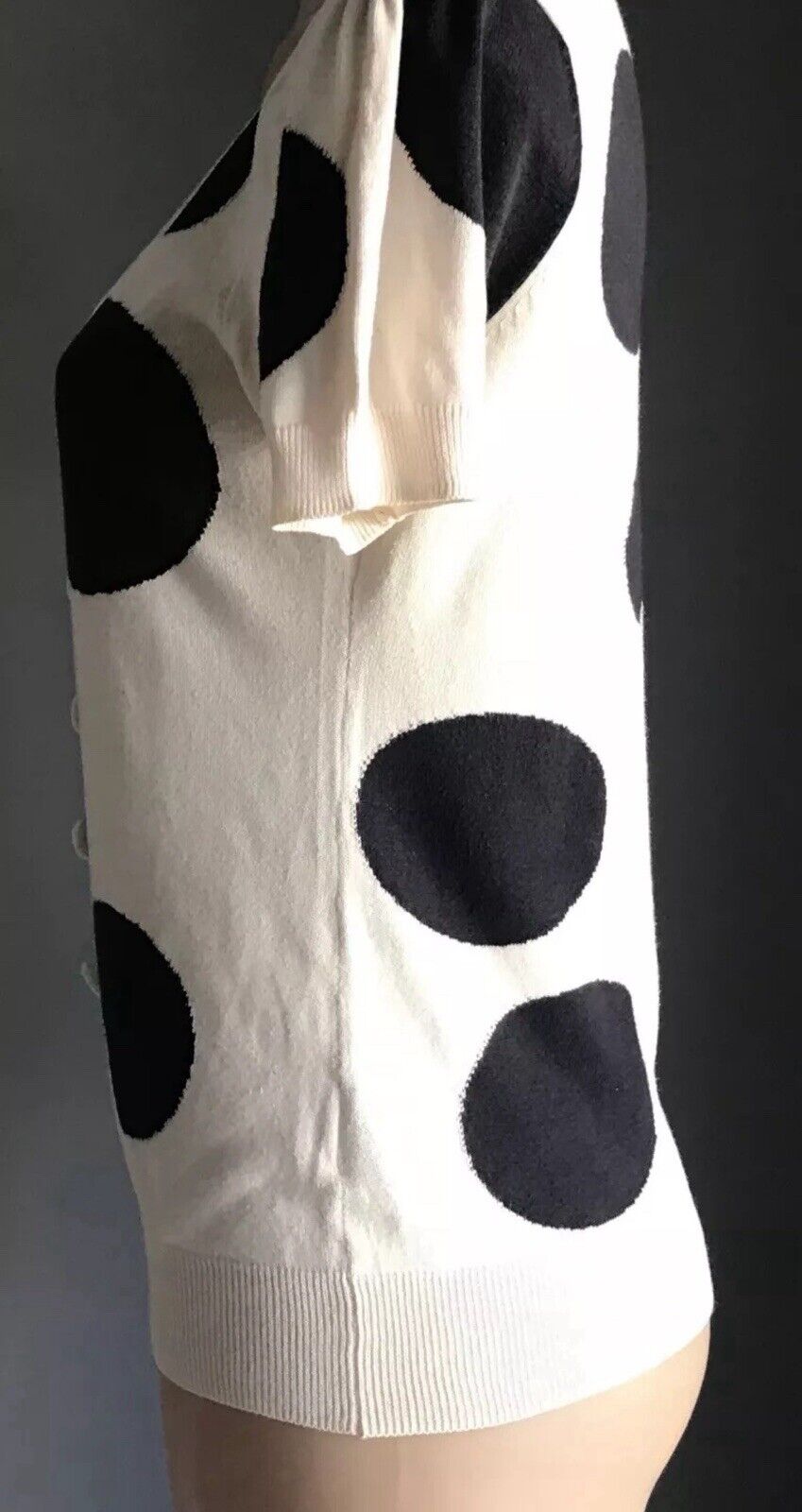 WITCHERY Cardigan Short Sleeve Off White Black Lg Polka Dot Fine Knit Top Sz 12