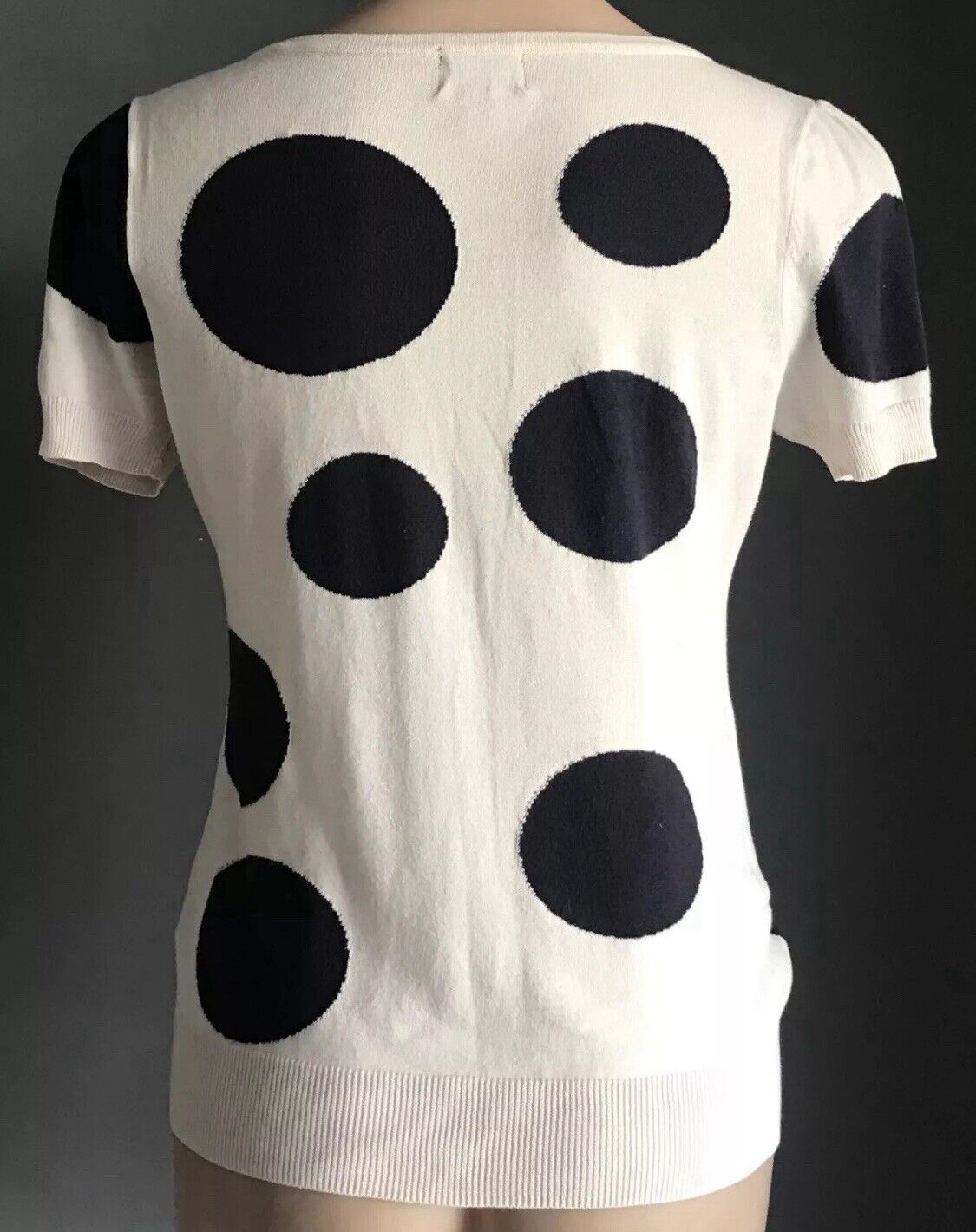 WITCHERY Cardigan Short Sleeve Off White Black Lg Polka Dot Fine Knit Top Sz 12