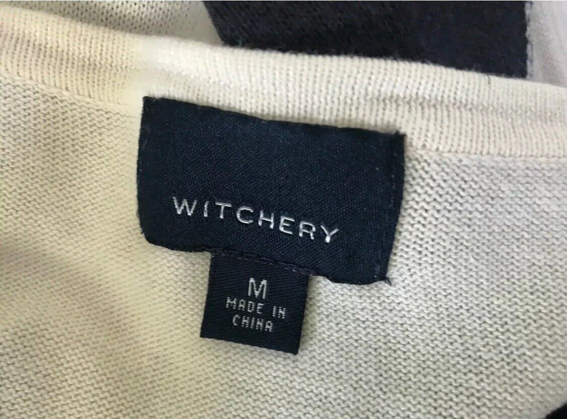 WITCHERY Cardigan Short Sleeve Off White Black Lg Polka Dot Fine Knit Top Sz 12
