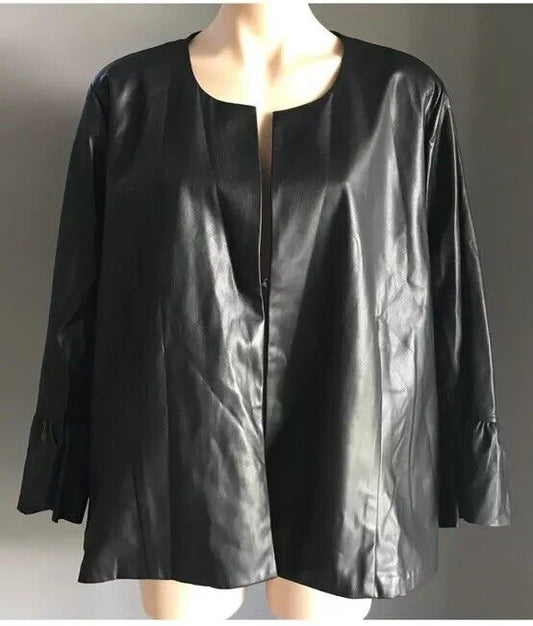 TAKING SHAPE TS Jacket Black Pleather Collarless 3/4 Sleeve Ladies Plus Sz XL 24