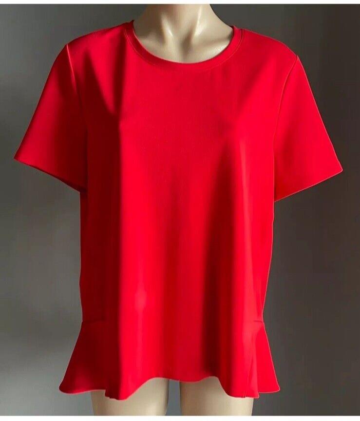 Ladies Top FRENCH CONNECTION Red Short Sleeve Blouse w Frill Hem Tee Sz L 12  14