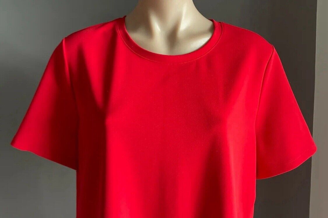 Ladies Top FRENCH CONNECTION Red Short Sleeve Blouse w Frill Hem Tee Sz L 12  14