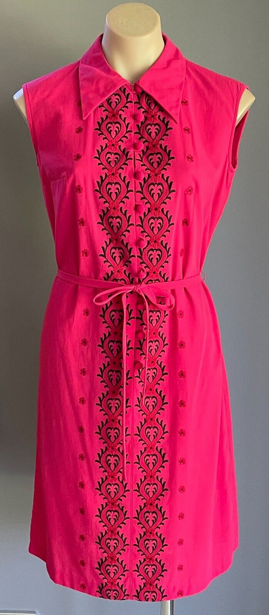 PARK LANE Shirt Dress Pink Embroidered Trim Waist Tie SSW 12 NEW Vintage NOS