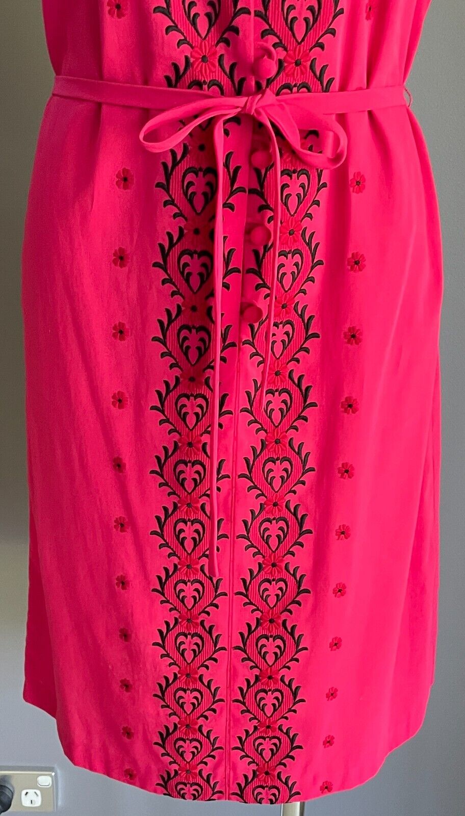 PARK LANE Shirt Dress Pink Embroidered Trim Waist Tie SSW 12 NEW Vintage NOS