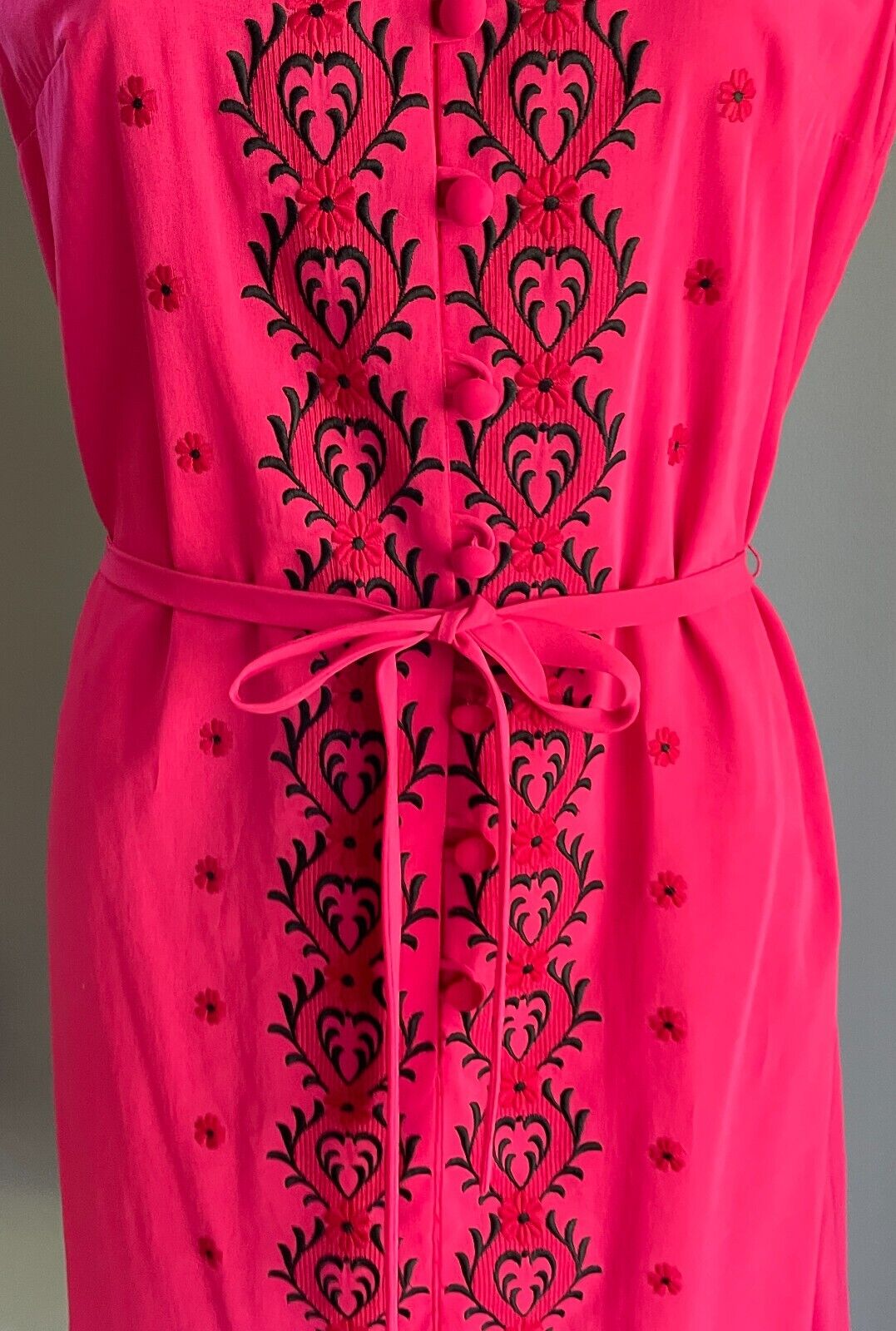 PARK LANE Shirt Dress Pink Embroidered Trim Waist Tie SSW 12 NEW Vintage NOS