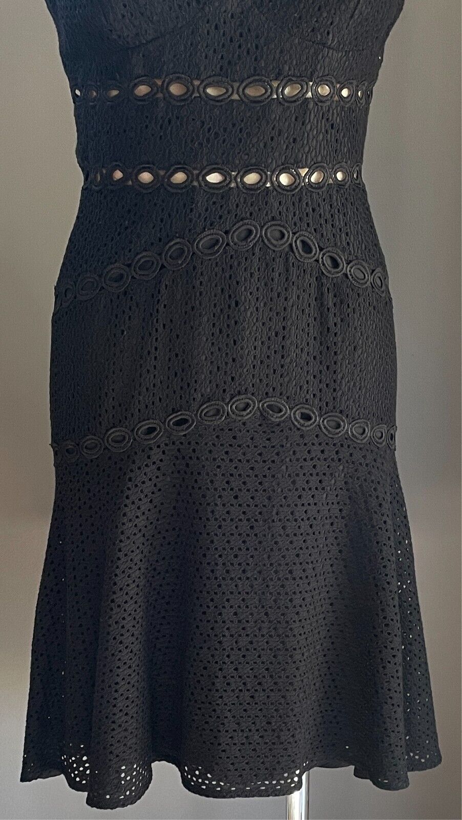 BARDOT Dress Black Knee Length Cut Out Lace Fabric Size 10 Sleeveless Lined
