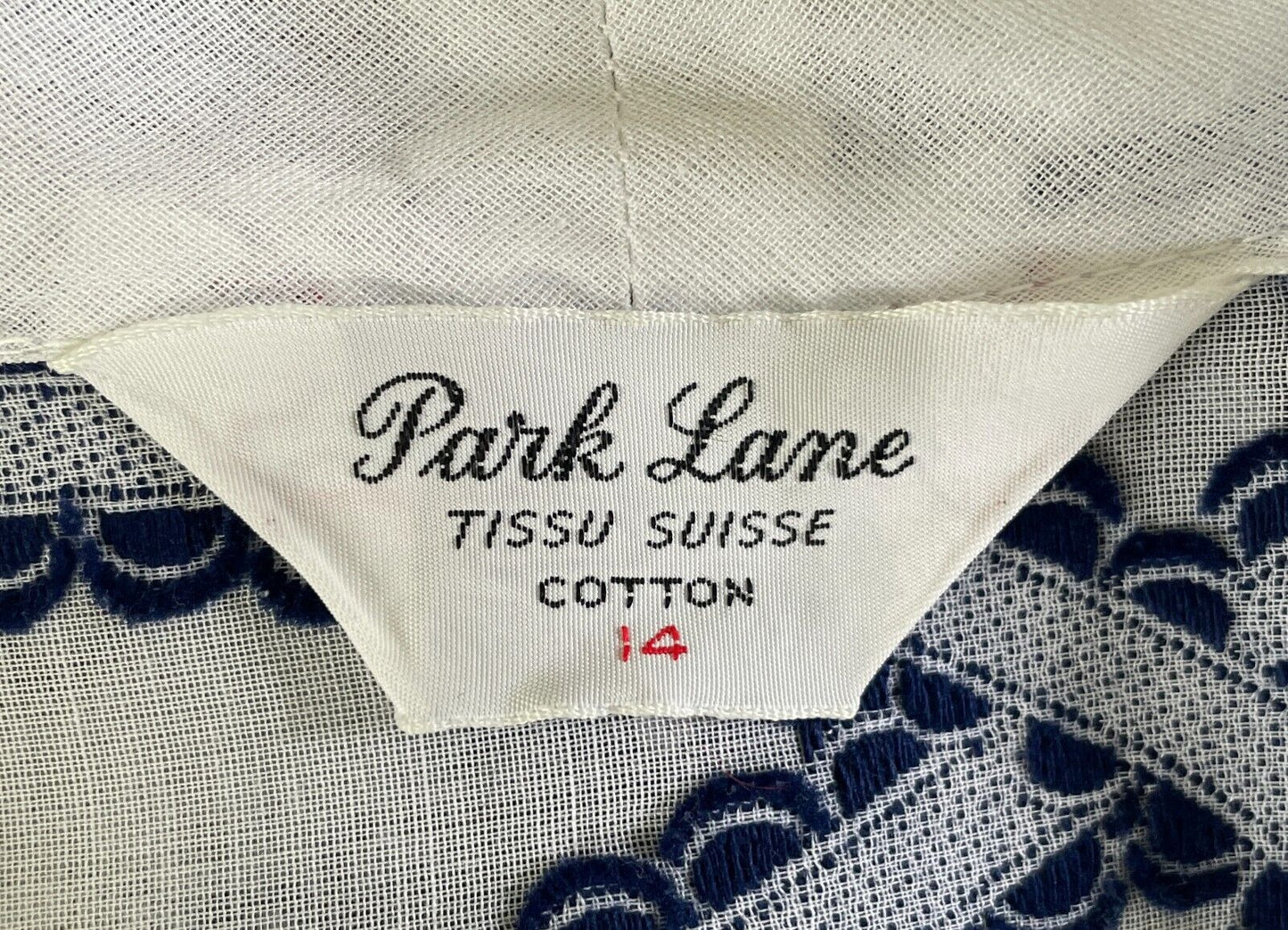 PARK LANE Dress White Navy Swirl Embroidery Swiss Cotton Size 14 NOS Vintage NEW