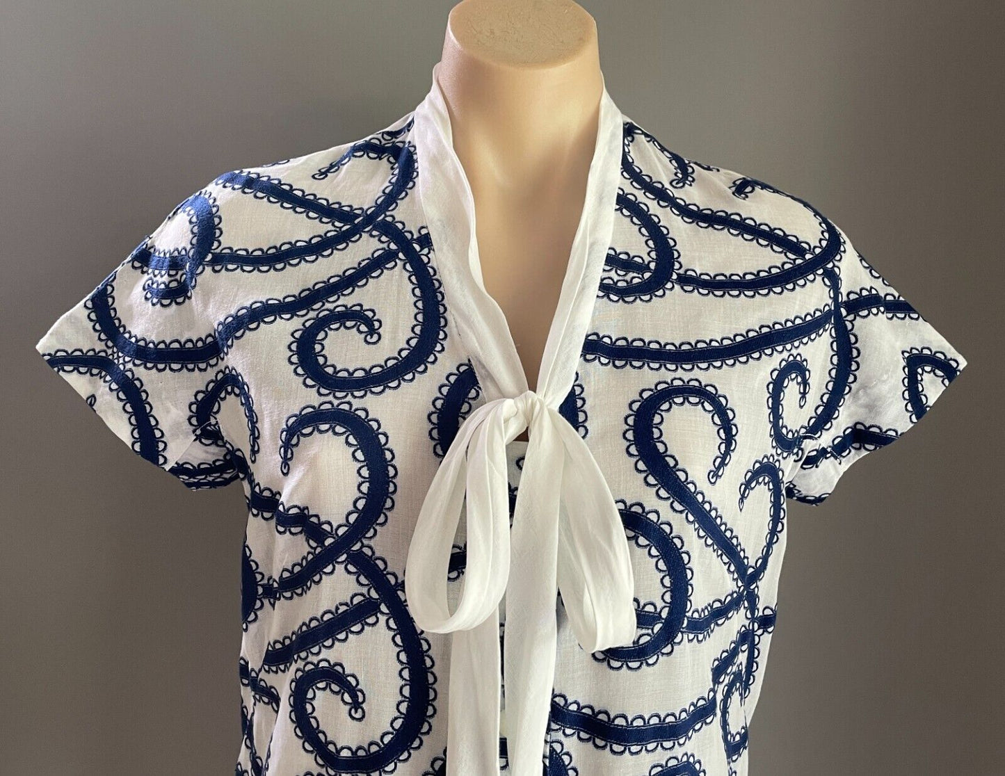 PARK LANE Dress White Navy Swirl Embroidery Swiss Cotton Size 14 NOS Vintage NEW