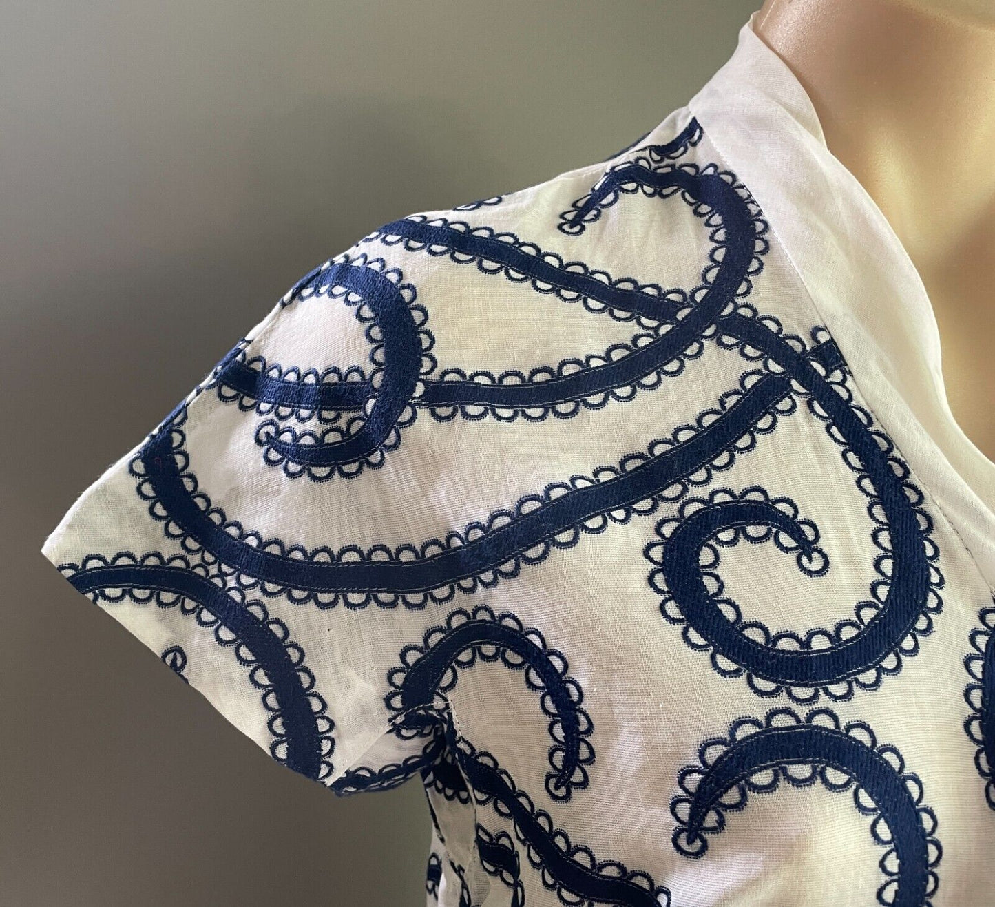 PARK LANE Dress White Navy Swirl Embroidery Swiss Cotton Size 14 NOS Vintage NEW