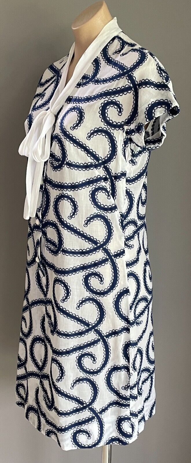 PARK LANE Dress White Navy Swirl Embroidery Swiss Cotton Size 14 NOS Vintage NEW
