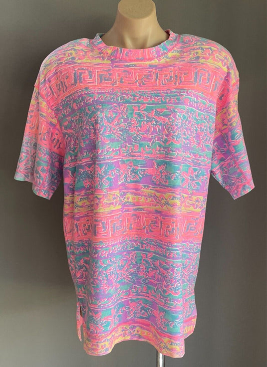 Vintage 1990's Multicolour Print T-Shirt Size 18 Short Sleeves Shoulder Pads