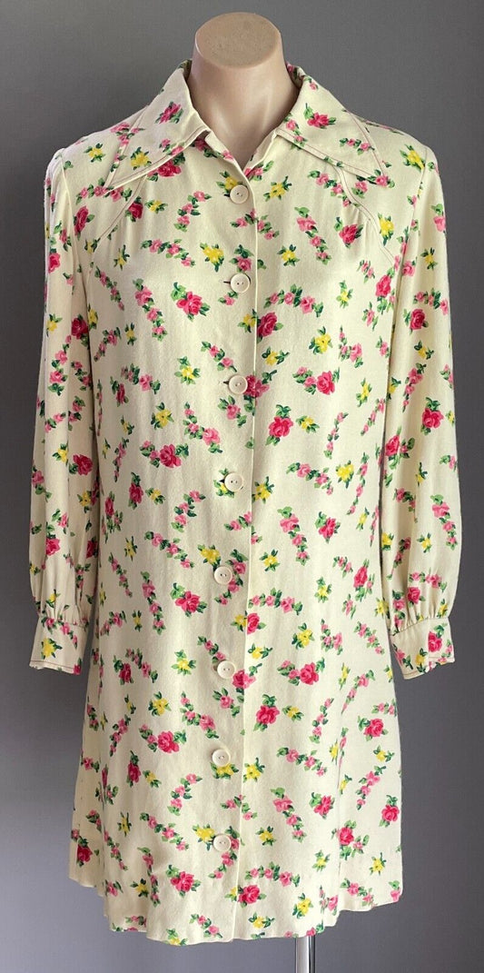 PARK LANE Shirt Dress Cream Pink Yellow Green Long Sleeve Size 12 NOS Vintage