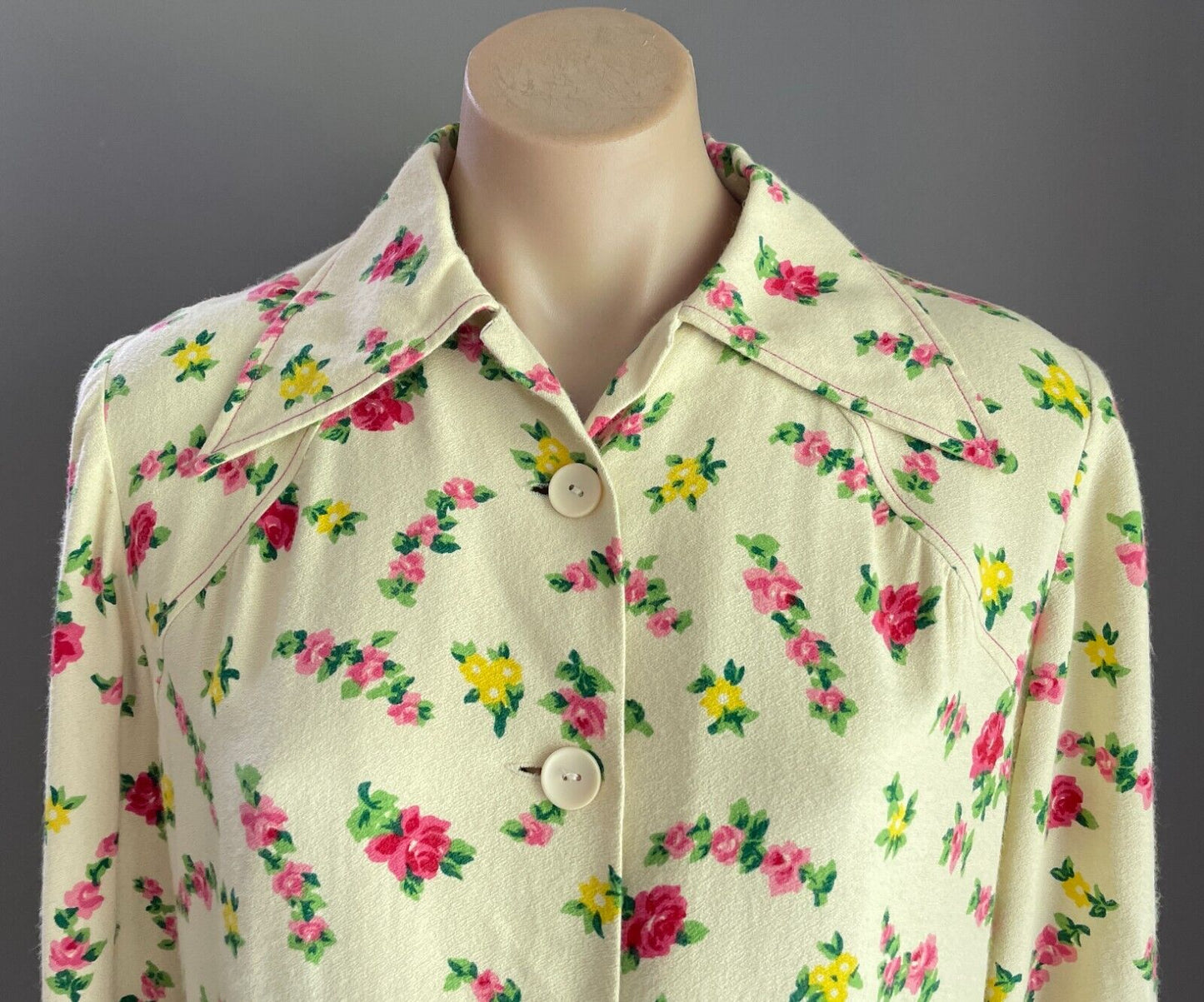 PARK LANE Shirt Dress Cream Pink Yellow Green Long Sleeve Size 12 NOS Vintage