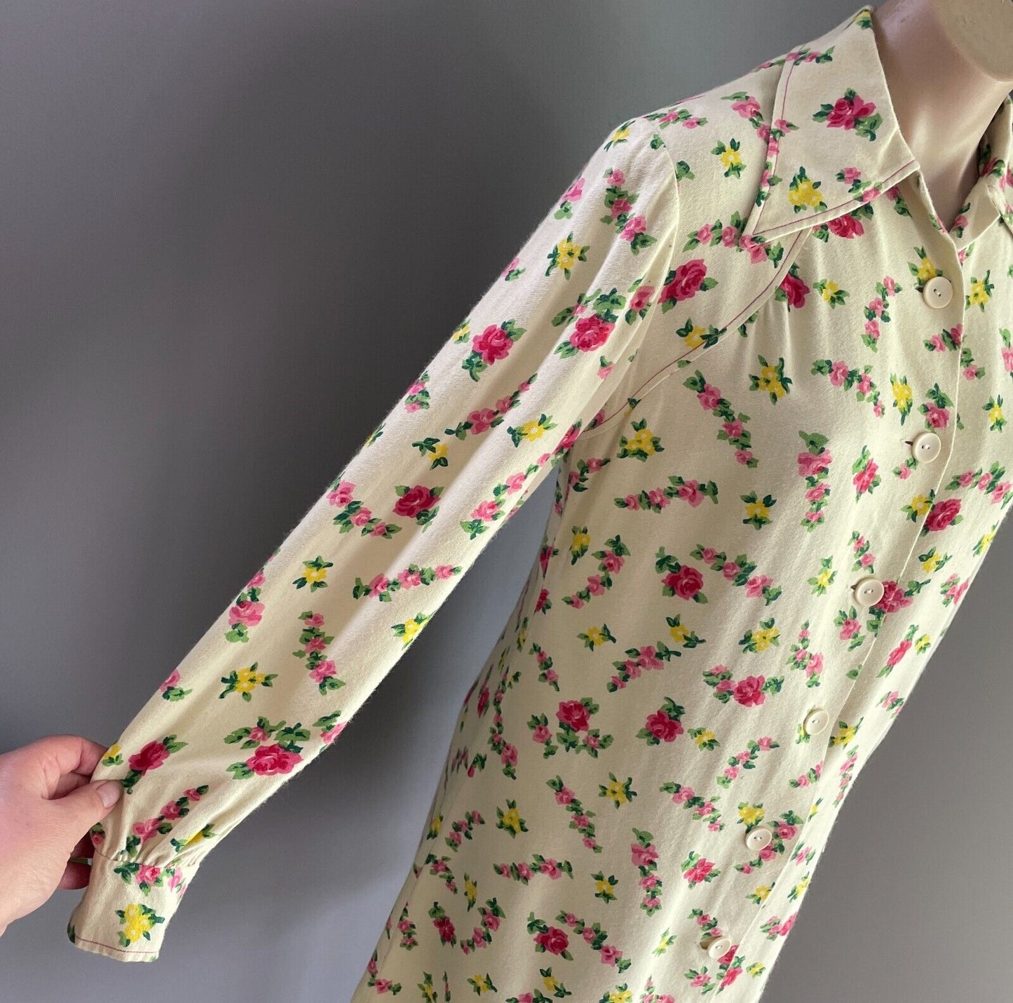 PARK LANE Shirt Dress Cream Pink Yellow Green Long Sleeve Size 12 NOS Vintage