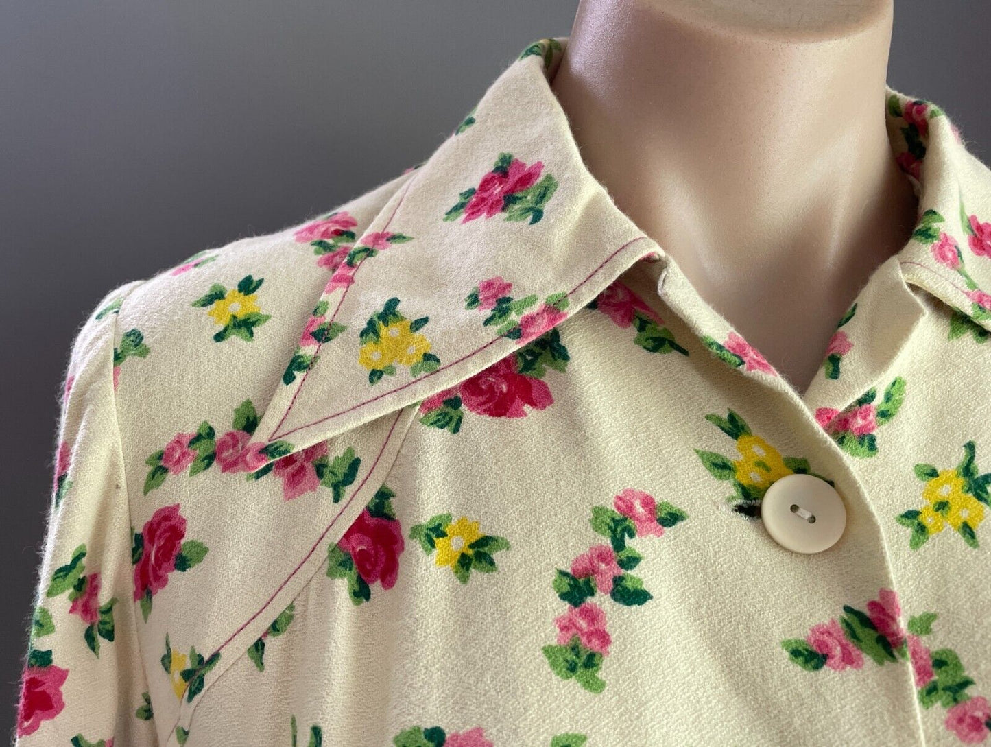 PARK LANE Shirt Dress Cream Pink Yellow Green Long Sleeve Size 12 NOS Vintage