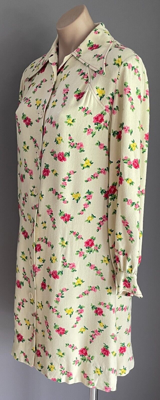 PARK LANE Shirt Dress Cream Pink Yellow Green Long Sleeve Size 12 NOS Vintage