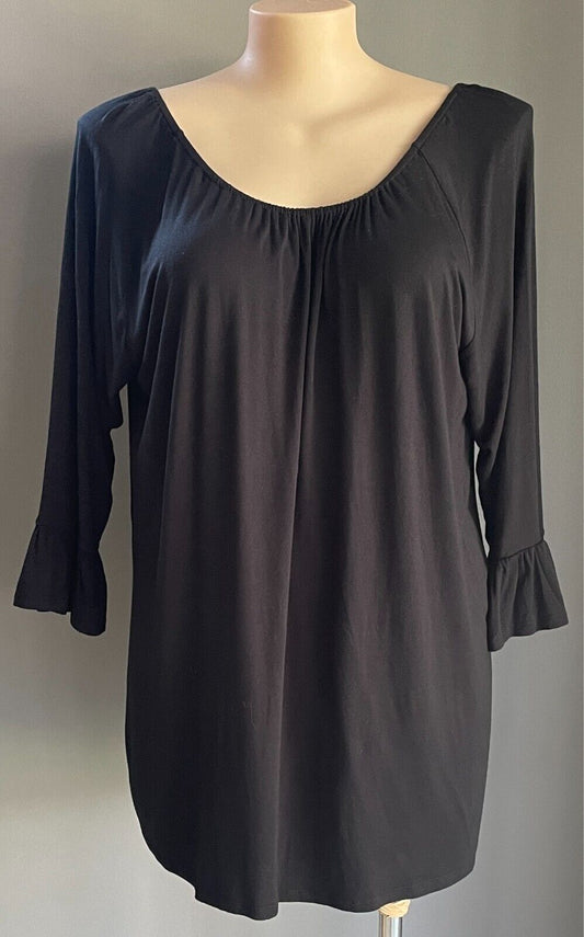 SARA Black Blouse Elastic Scoop Neck 3/4 Ruffle Trim Sleeve Plus Size 22 Stretch