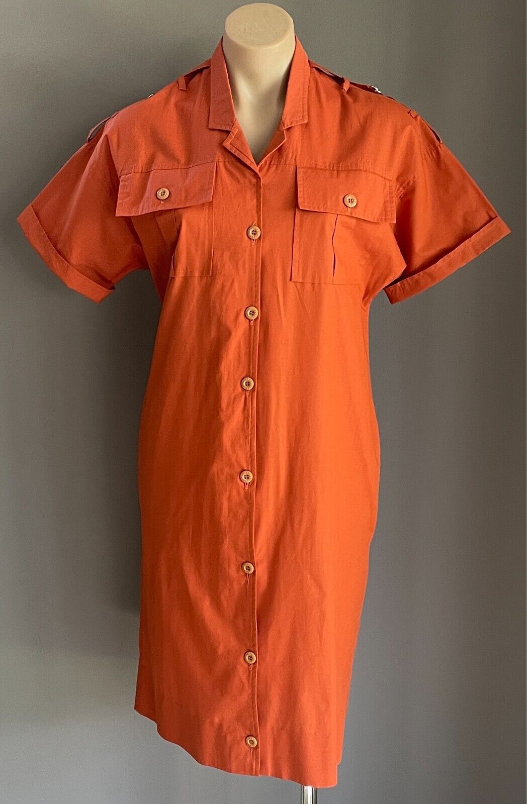 CAREER GIRL Burnt Orange Shirt Dress Button Front Short Sleeves Cotton Size 12