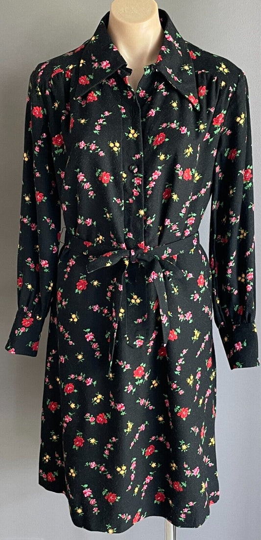 PARK LANE Shirt Dress Black Floral Print Long Sleeve Size 12 Waist Belt Vintage
