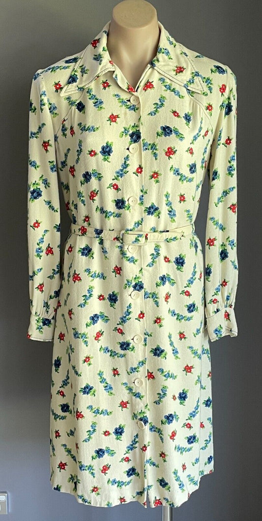 PARK LANE Shirt Dress Cream Blue Red Green Long Sleeve Sz 14 Waist Belt Vintage