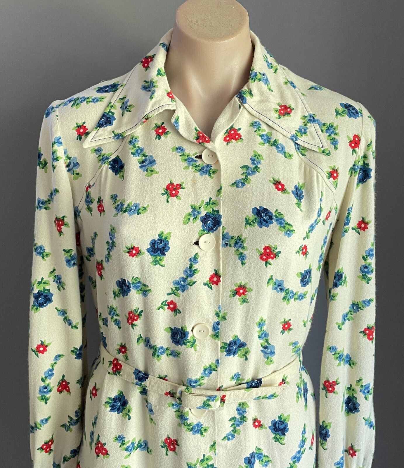 PARK LANE Shirt Dress Cream Blue Red Green Long Sleeve Sz 14 Waist Belt Vintage