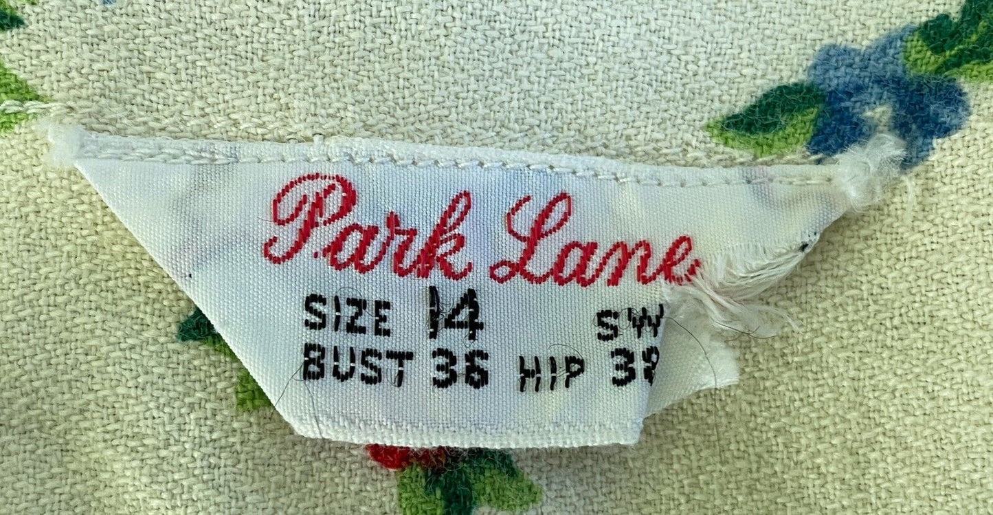PARK LANE Shirt Dress Cream Blue Red Green Long Sleeve Sz 14 Waist Belt Vintage