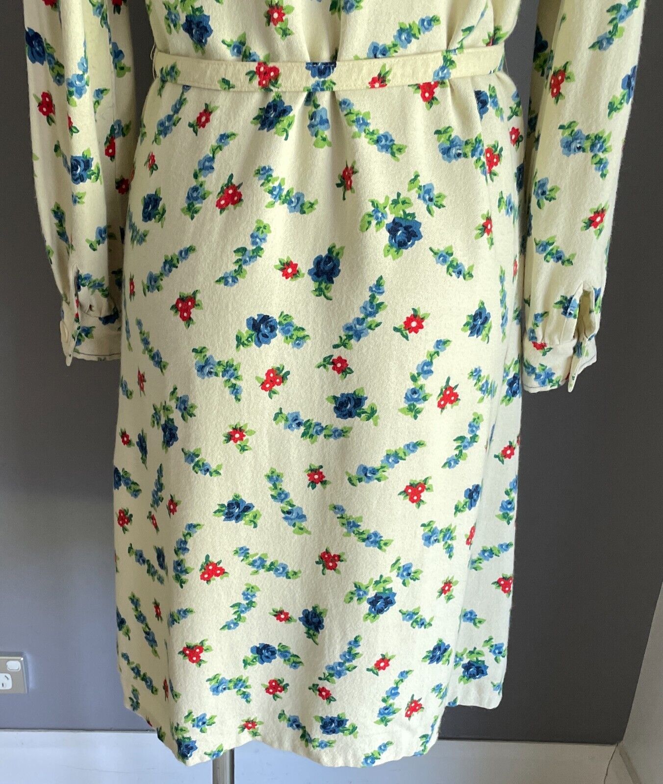 PARK LANE Shirt Dress Cream Blue Red Green Long Sleeve Sz 14 Waist Belt Vintage