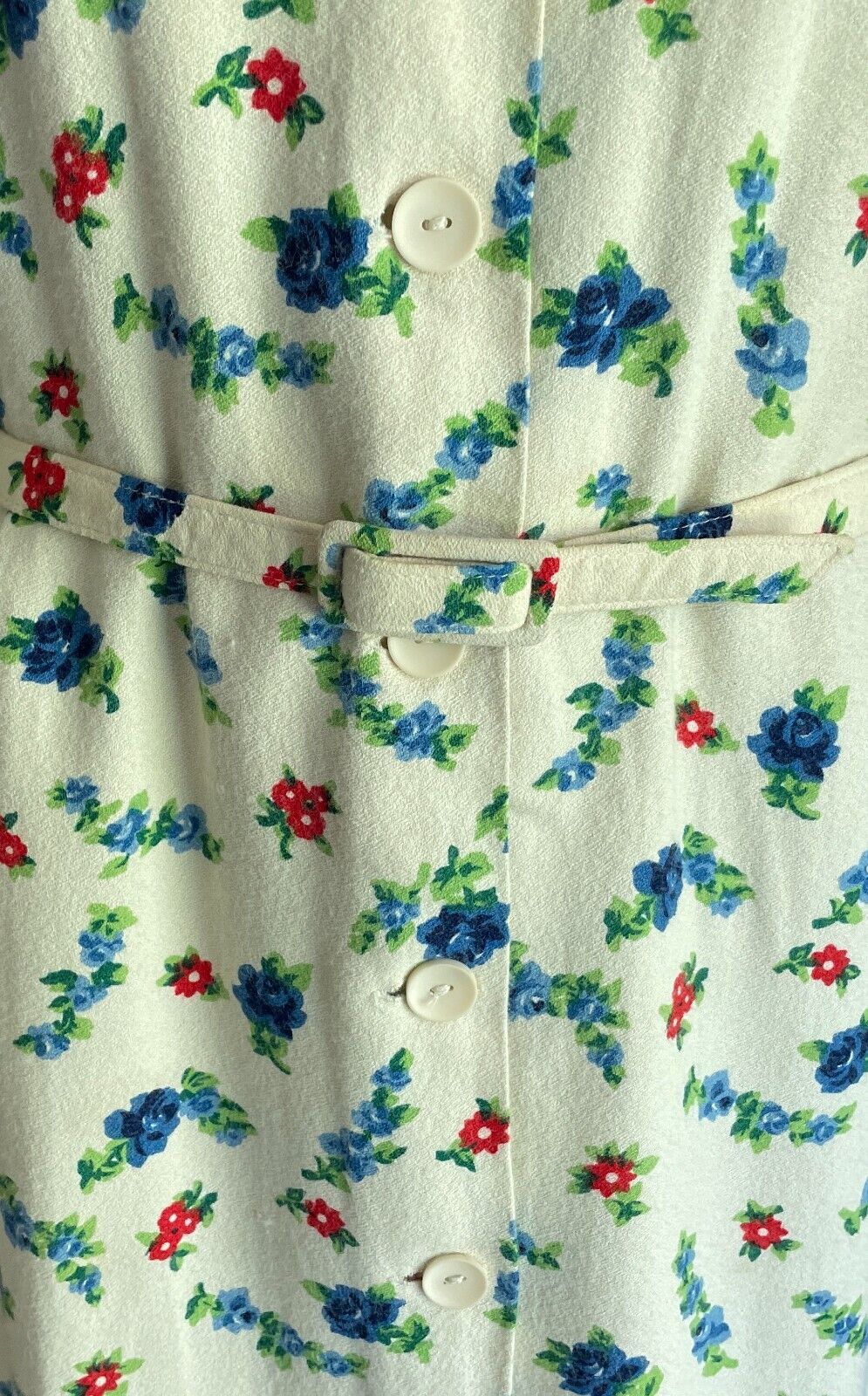 PARK LANE Shirt Dress Cream Blue Red Green Long Sleeve Sz 14 Waist Belt Vintage