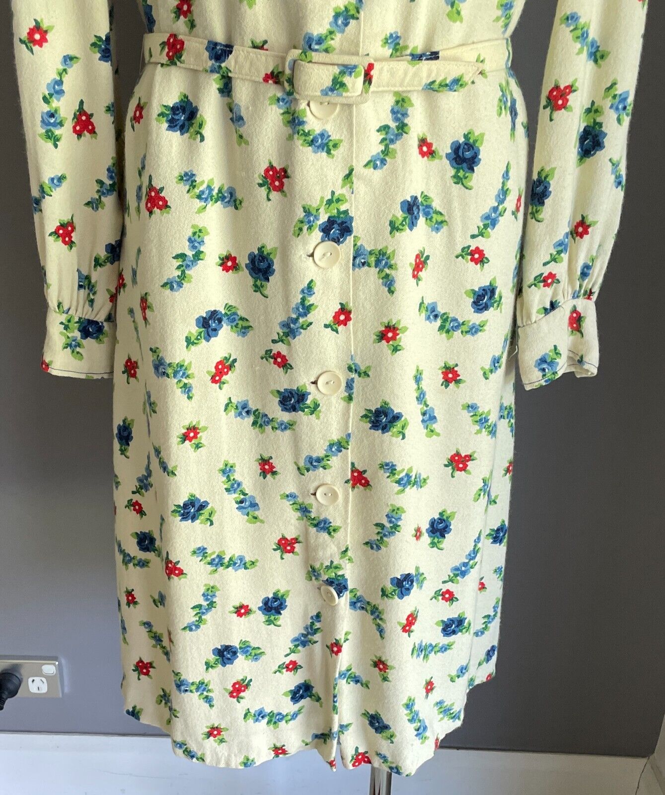 PARK LANE Shirt Dress Cream Blue Red Green Long Sleeve Sz 14 Waist Belt Vintage