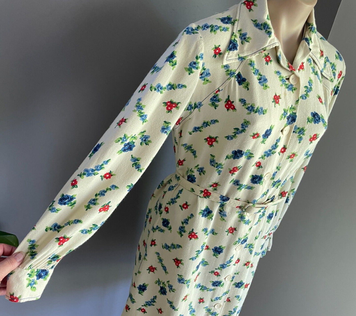 PARK LANE Shirt Dress Cream Blue Red Green Long Sleeve Sz 14 Waist Belt Vintage