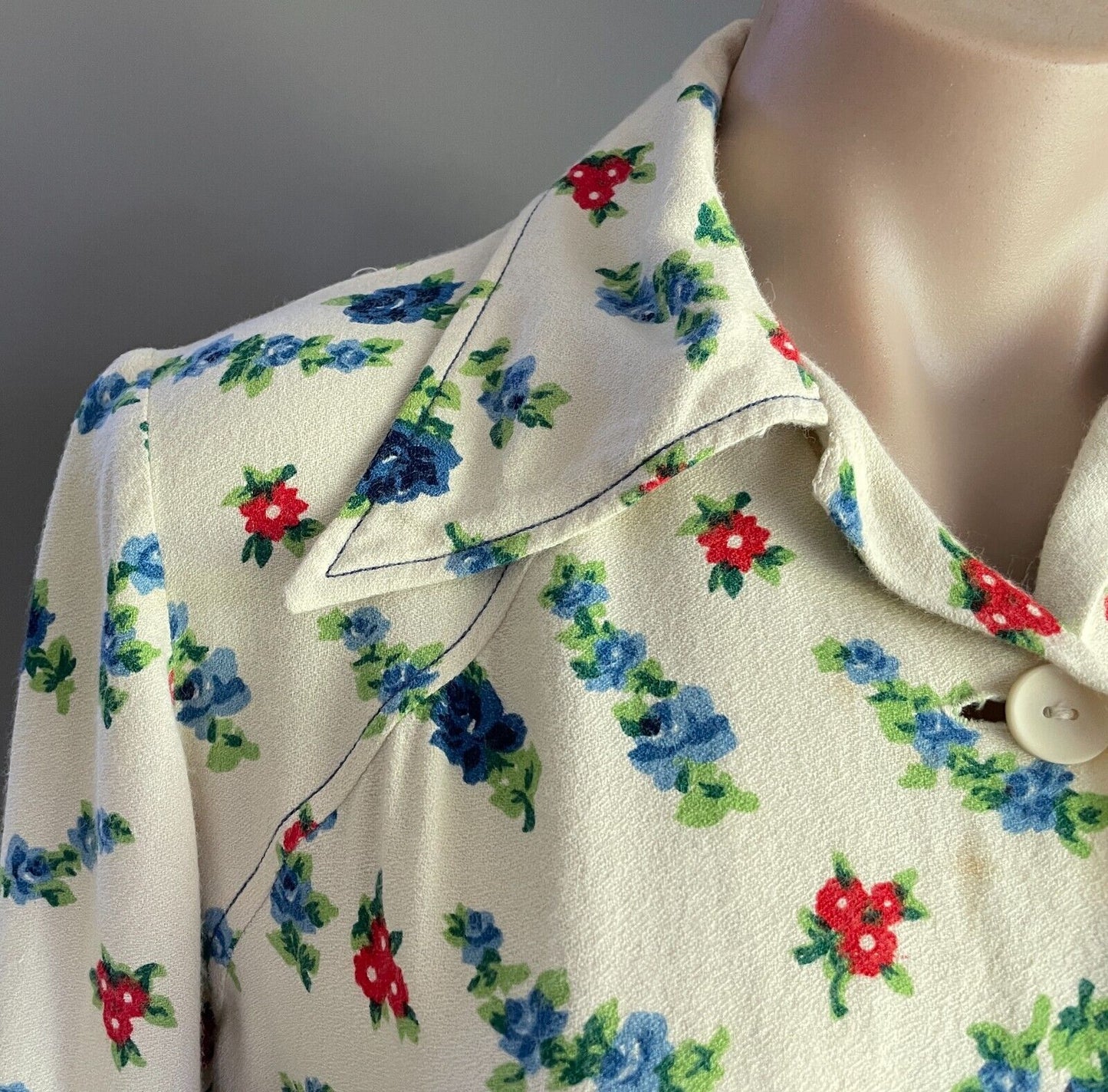 PARK LANE Shirt Dress Cream Blue Red Green Long Sleeve Sz 14 Waist Belt Vintage