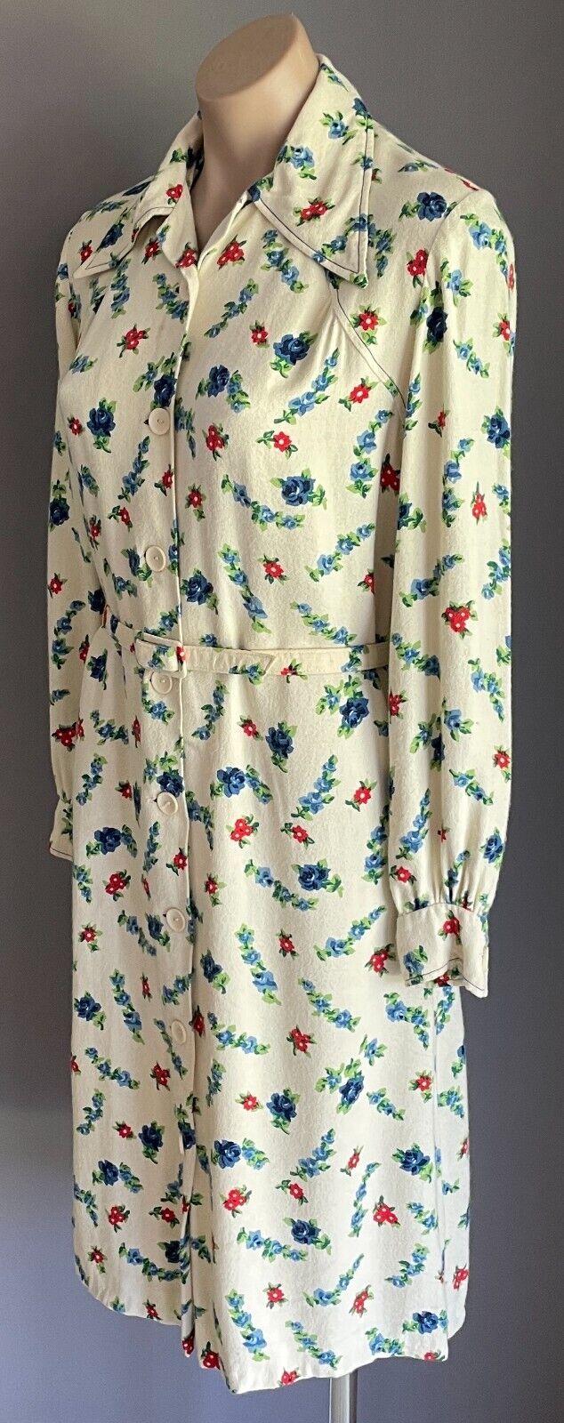 PARK LANE Shirt Dress Cream Blue Red Green Long Sleeve Sz 14 Waist Belt Vintage