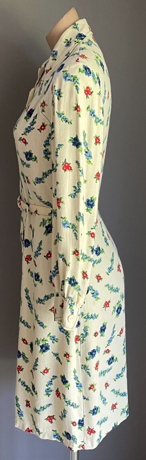 PARK LANE Shirt Dress Cream Blue Red Green Long Sleeve Sz 14 Waist Belt Vintage