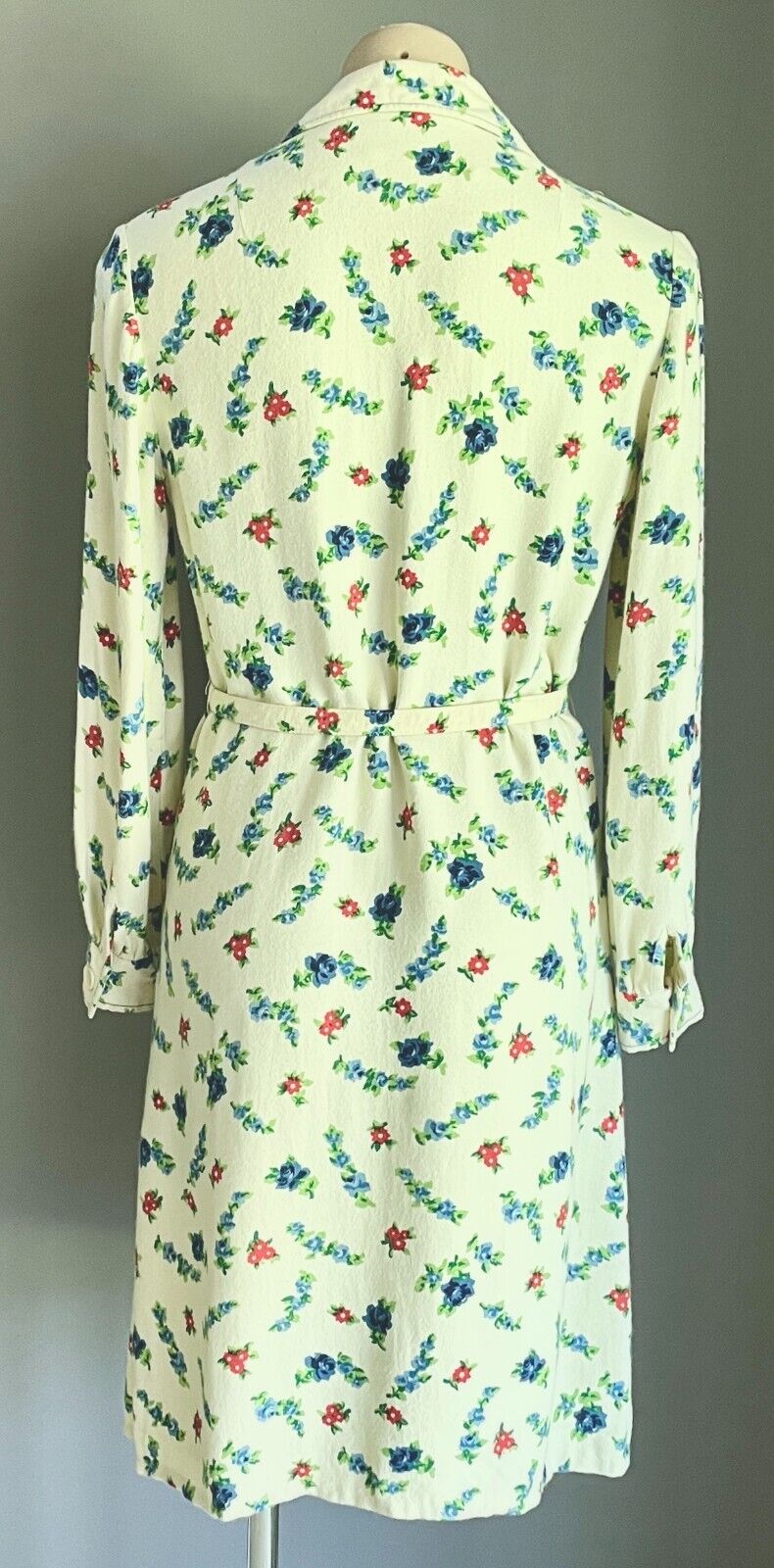PARK LANE Shirt Dress Cream Blue Red Green Long Sleeve Sz 14 Waist Belt Vintage