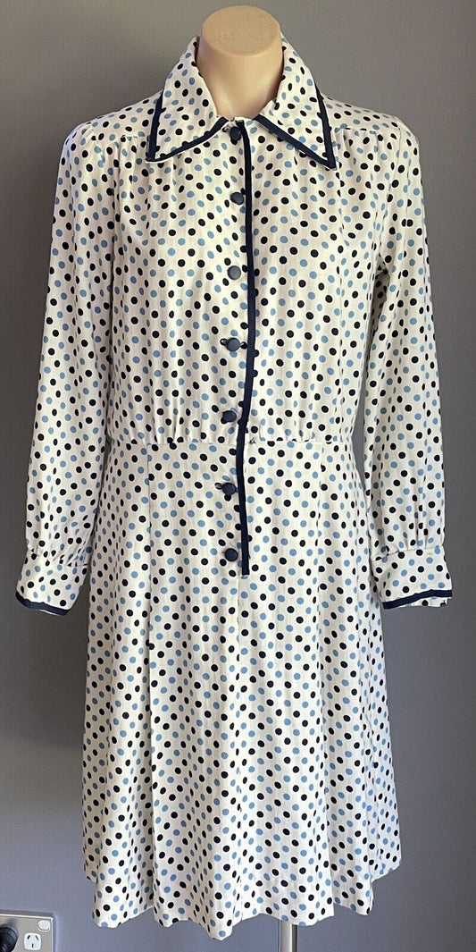 PARK LANE Viyella Dress White Blue Polka Dot Long Sleeve Sheath Size 14 Vintage